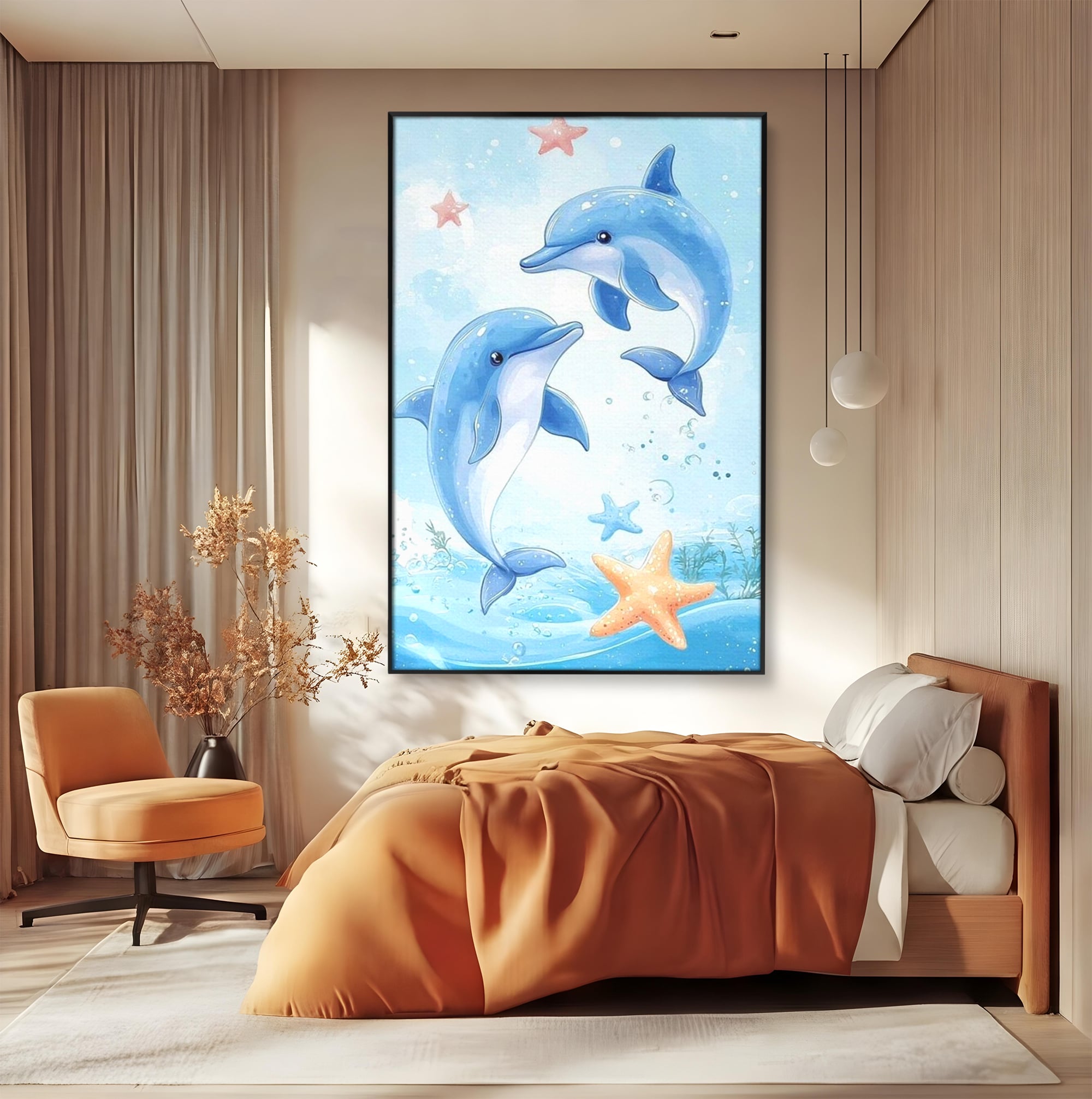 Tablou canvas cu ilustratie cu doi delfini jucausi, in rama de aluminiu negru, pe perete intr-un dormitor